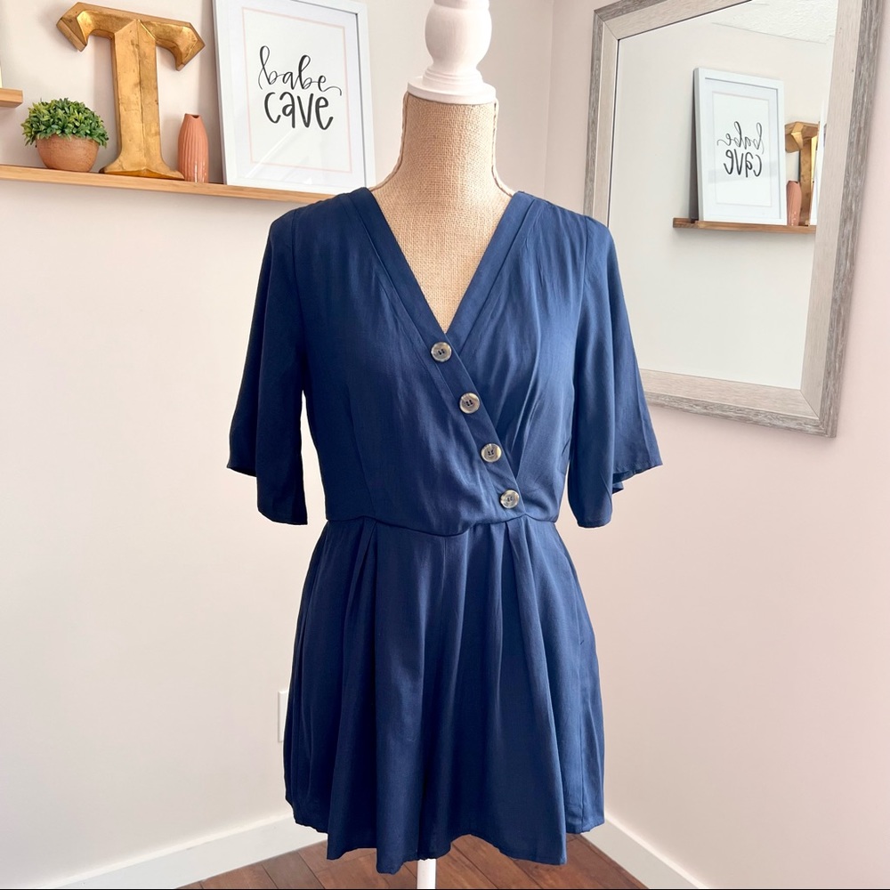 Navy Blue Button Surplice Open Back Romper - Picture 2 of 11